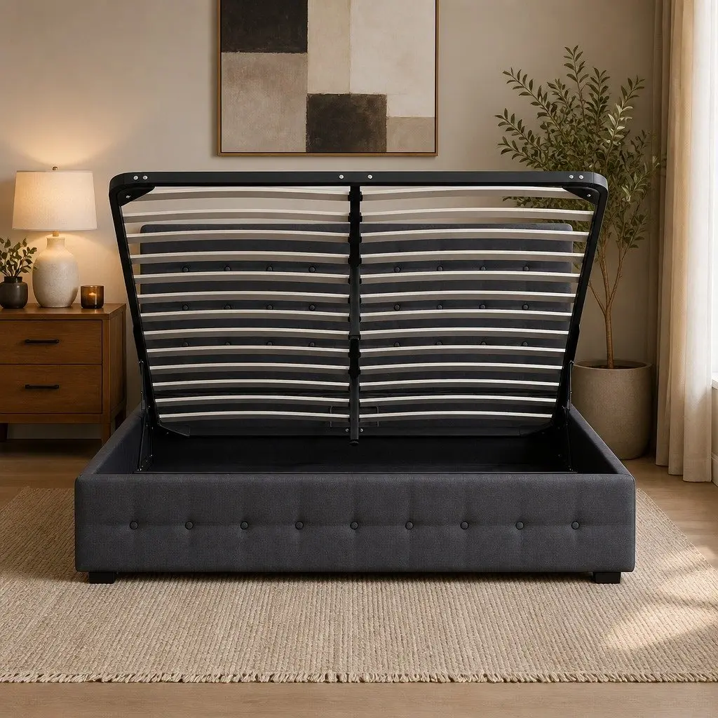 Gas Lift Storage Bed Frame Upholstered Linen Dark Grey Double with Headboard