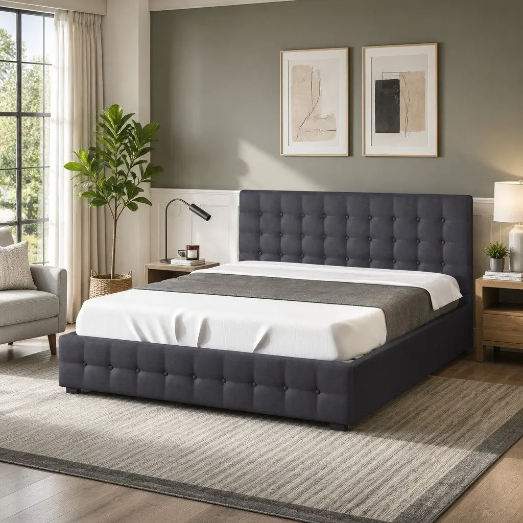 King Gas Lift Bed Frame with Headboard Storage Tufted Linen Upholstery Modern