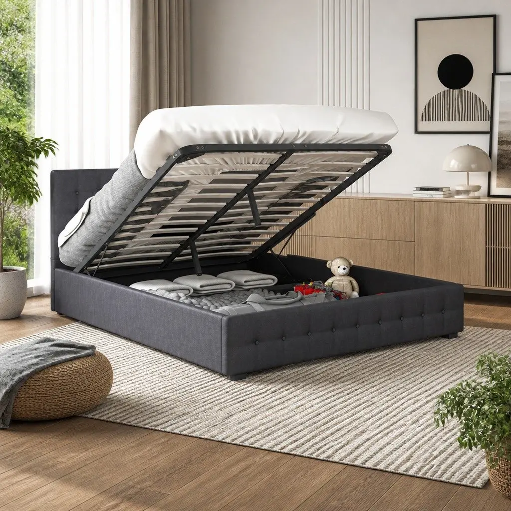 King Gas Lift Bed Frame with Headboard Storage Tufted Linen Upholstery Modern
