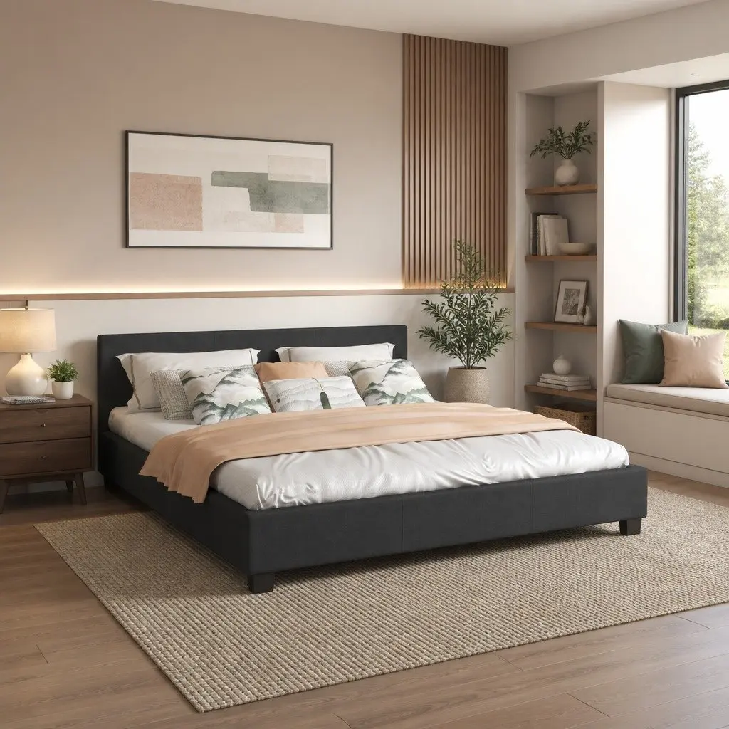 Single Bed Frame Platform Charcoal Upholstered Solid Wood Plywood 200cm x 102cm x 88cm