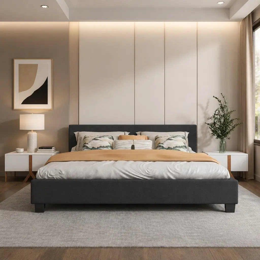 Single Bed Frame Platform Charcoal Upholstered Solid Wood Plywood 200cm x 102cm x 88cm