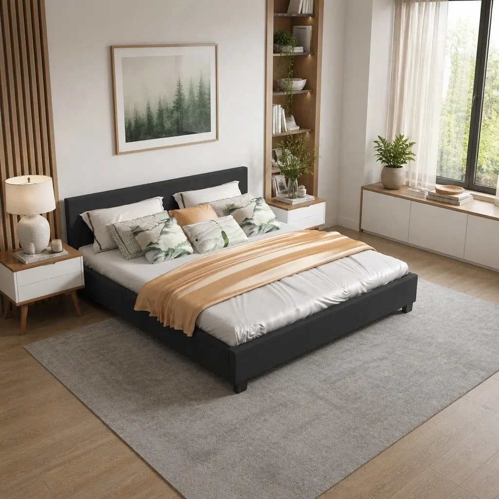 Single Bed Frame Platform Charcoal Upholstered Solid Wood Plywood 200cm x 102cm x 88cm