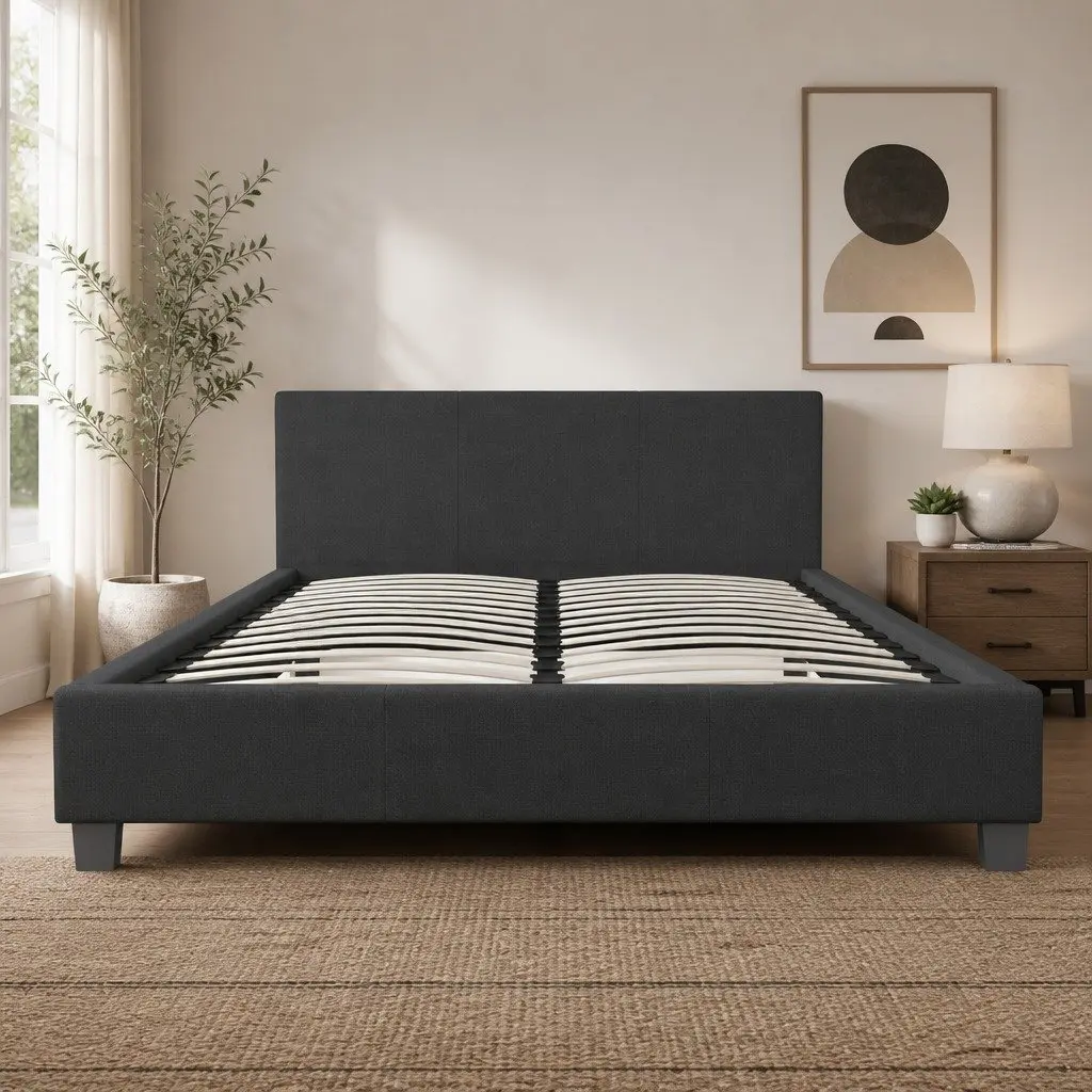 Single Bed Frame Platform Charcoal Upholstered Solid Wood Plywood 200cm x 102cm x 88cm