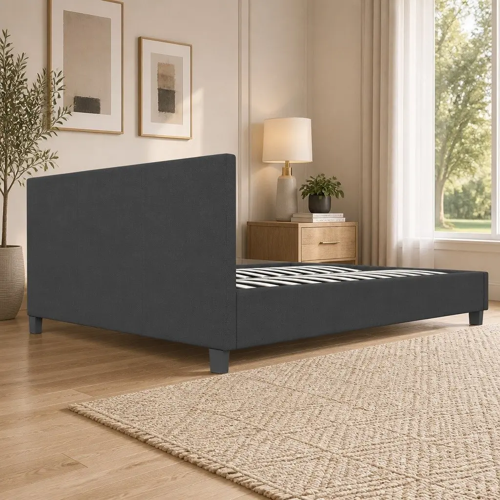 Single Bed Frame Platform Charcoal Upholstered Solid Wood Plywood 200cm x 102cm x 88cm