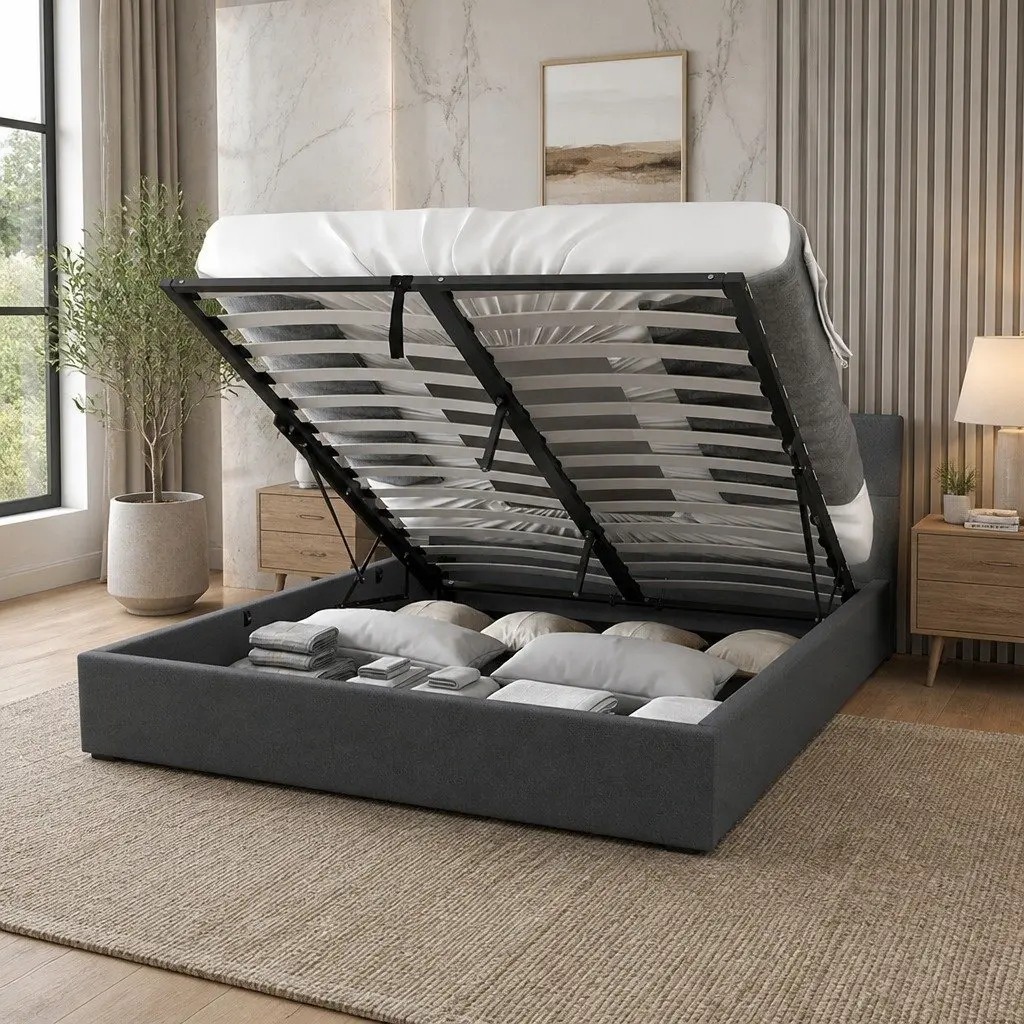 Gas Lift Storage Bed King Single with Tufted Headboard Modern Bedroom Furniture