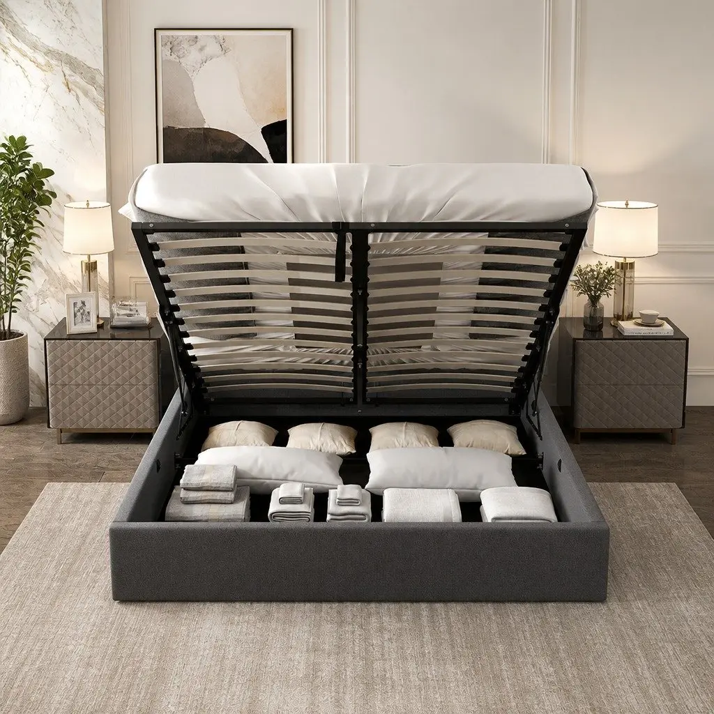 Gas Lift Storage Bed King Single with Tufted Headboard Modern Bedroom Furniture