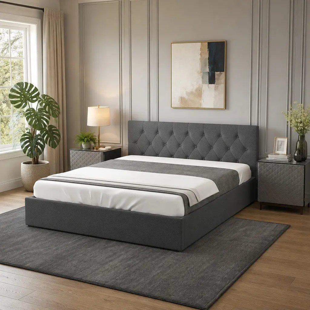 Gas Lift Bed Frame Storage Platform Queen Size Upholstered Tufted Headboard