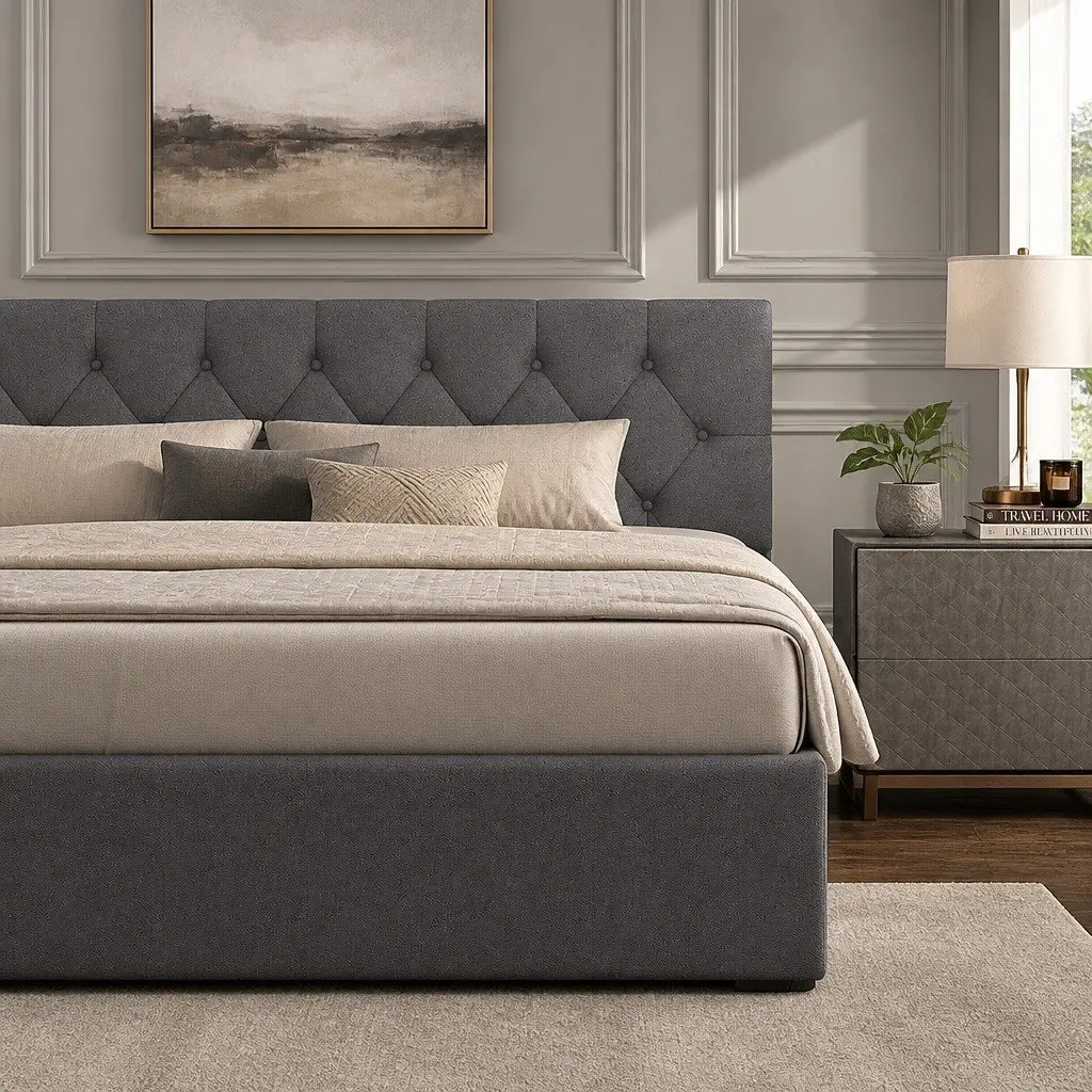Gas Lift Bed Frame Storage Platform Queen Size Upholstered Tufted Headboard