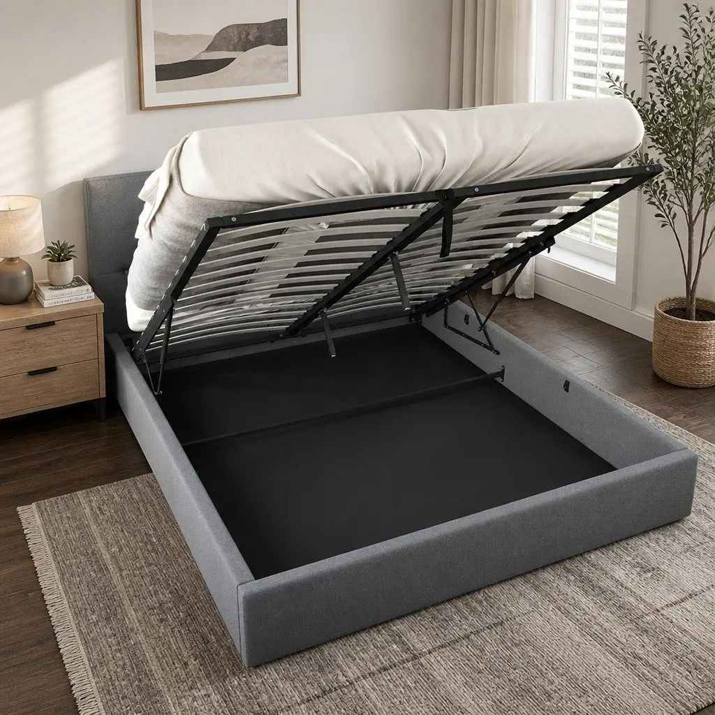 Gas Lift Bed Frame Storage Platform Queen Size Upholstered Tufted Headboard