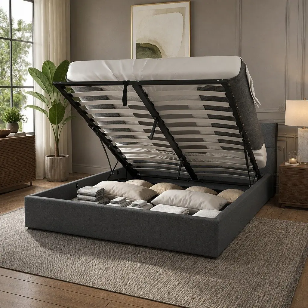 Gas Lift Bed Frame Storage Platform Queen Size Upholstered Tufted Headboard