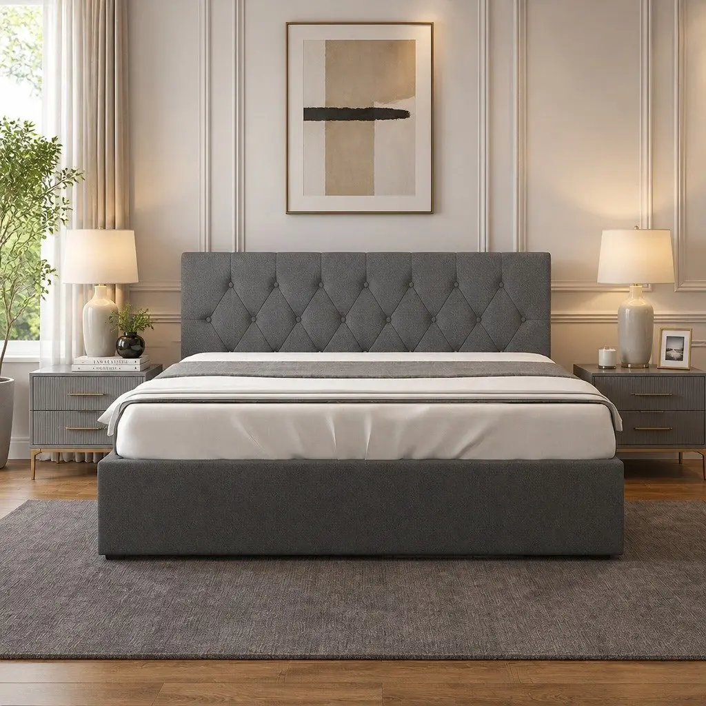 Gas Lift Bed Frame Storage Platform Queen Size Upholstered Tufted Headboard