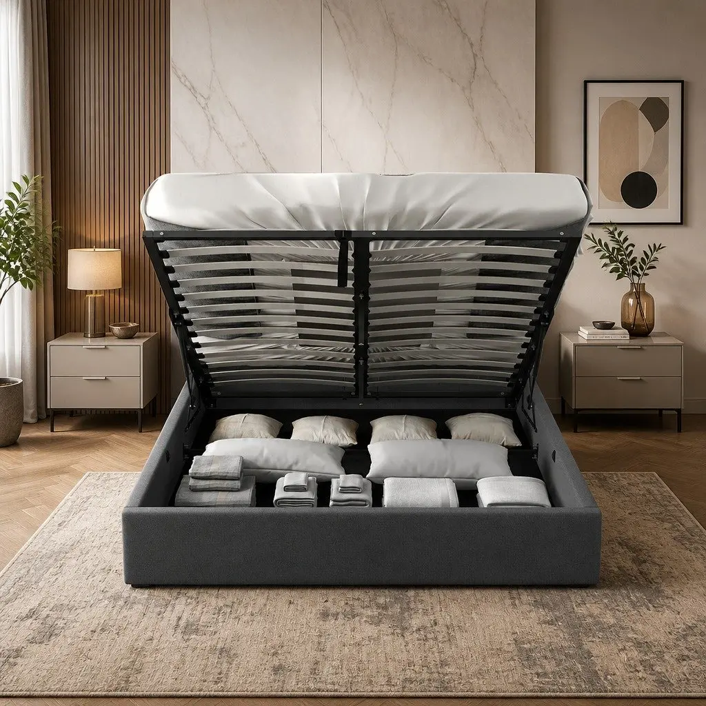 Gas Lift Bed Frame Storage Platform Queen Size Upholstered Tufted Headboard
