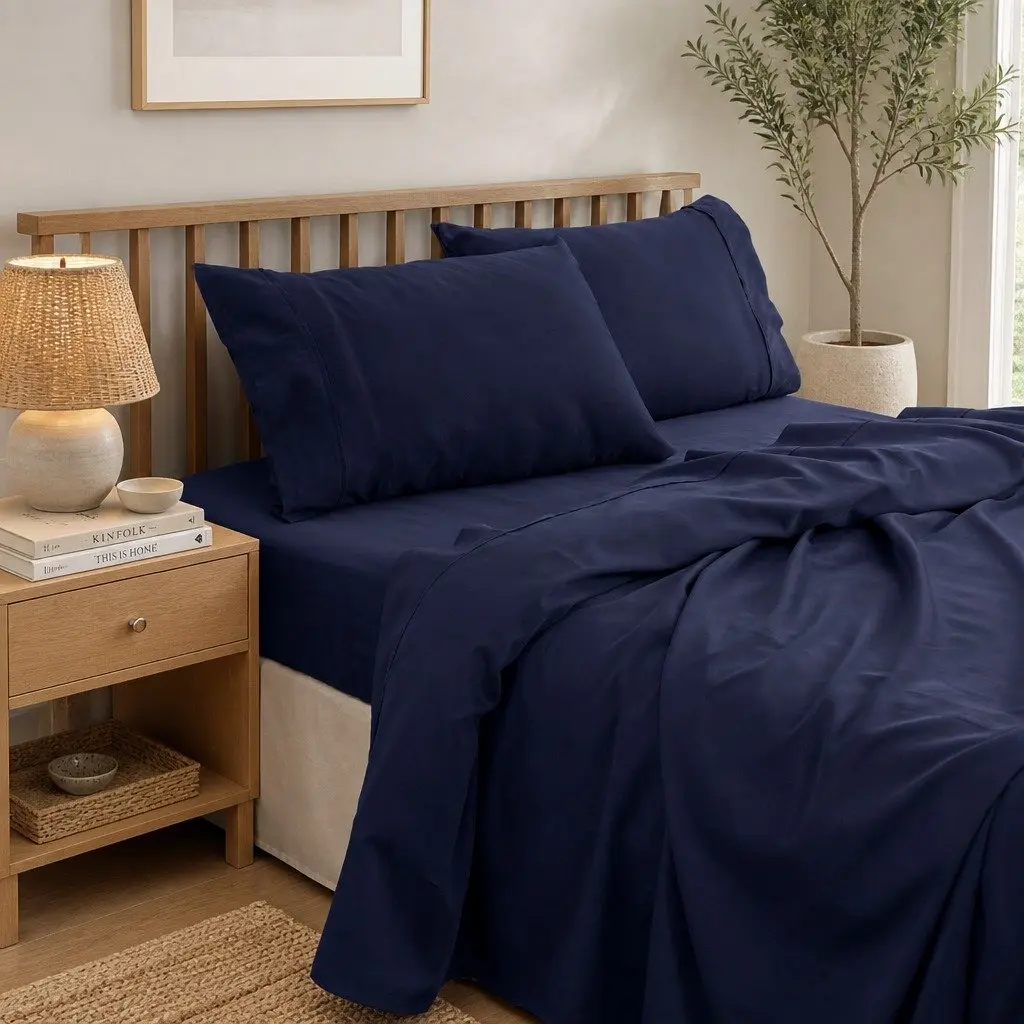 Bamboo Cotton Sheet Set 1000TC Royal Blue King Size Flat Fitted Pillowcases 4 Piece