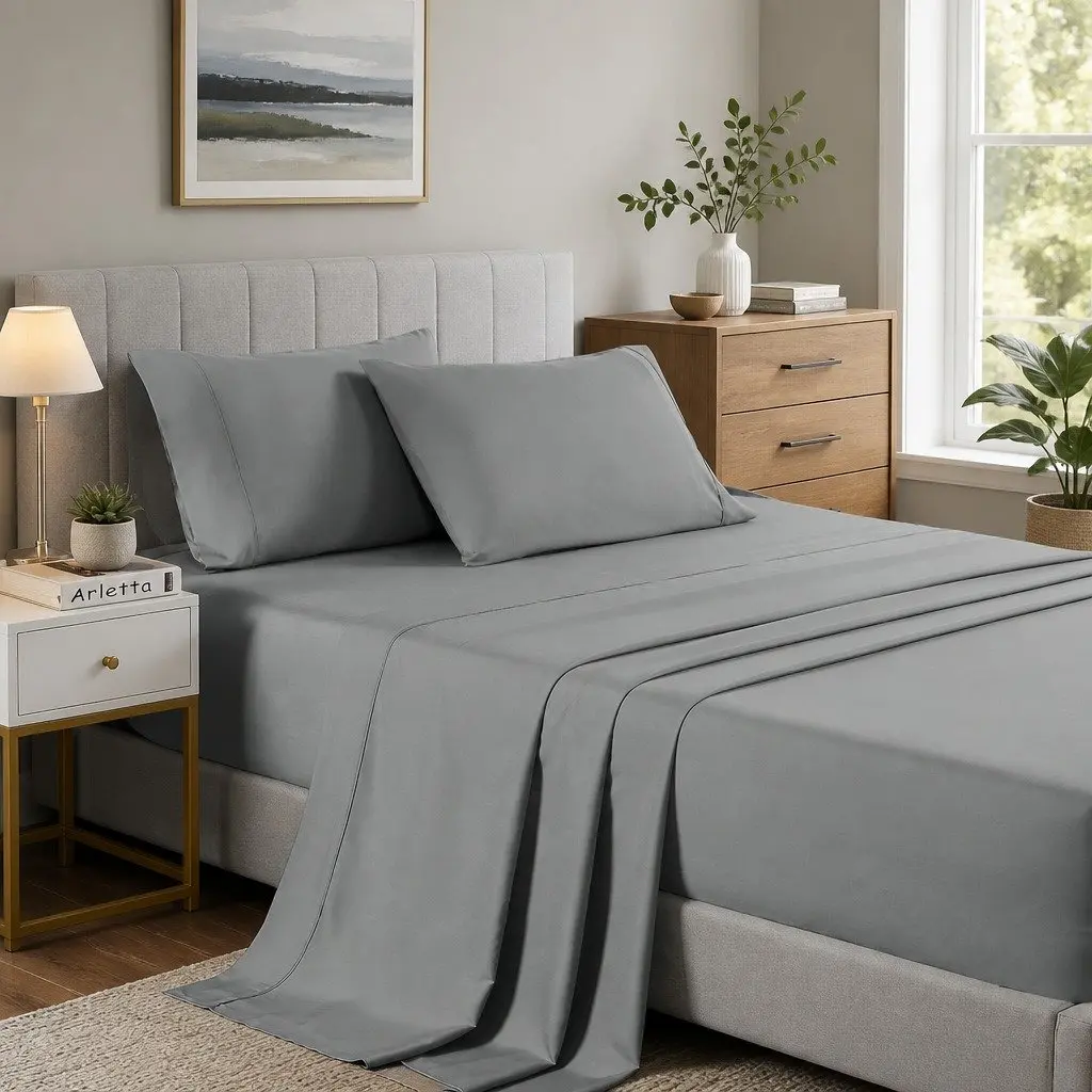 Cooling Sheet Set Microfibre Blend Bamboo Single Bed 2000TC Mid Grey Soft
