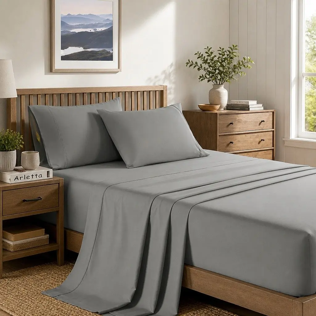 Bamboo Sheet Set Double 2000TC Mid Grey Satin Soft Breathable