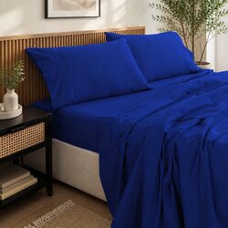 Cotton Sheet Set Single Vintage Washed Bedding Flat Fitted Pillowcase Royal Blue