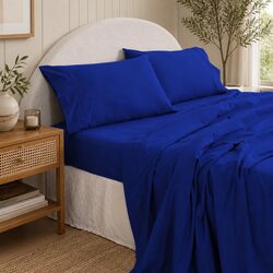 Cotton Sheet Set Double Bed Vintage Washed Soft Percale Bedding Royal Blue
