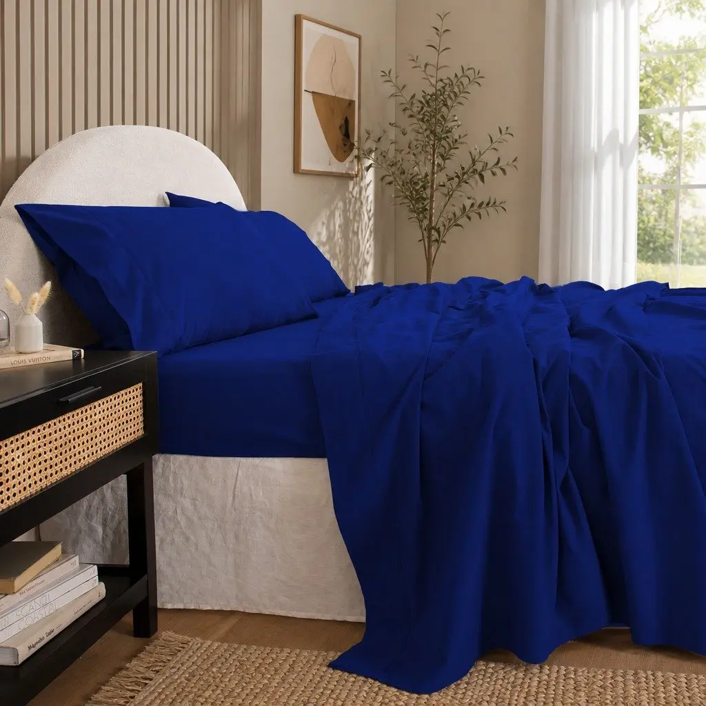 Cotton Sheet Set Percale Double Bed Vintage Washed Royal Blue