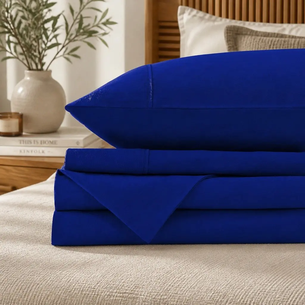 Cotton Sheet Set Percale Double Bed Vintage Washed Royal Blue