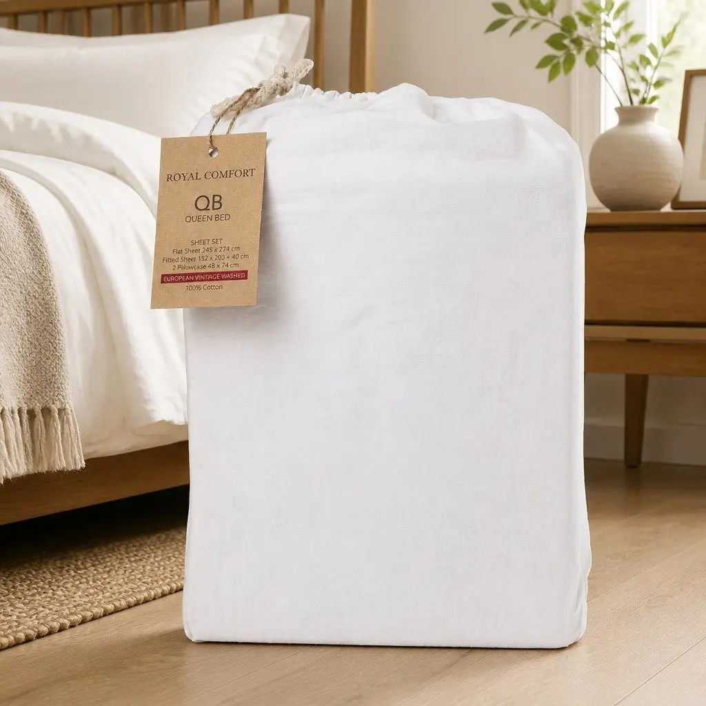 King Cotton Sheet Set Vintage Washed Soft Breathable Bedding White