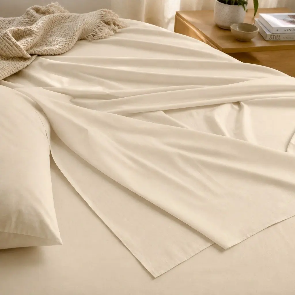 Double Bed Sheet Set Dark Ivory 1000TC Bamboo Blend Fitted Flat Pillowcases