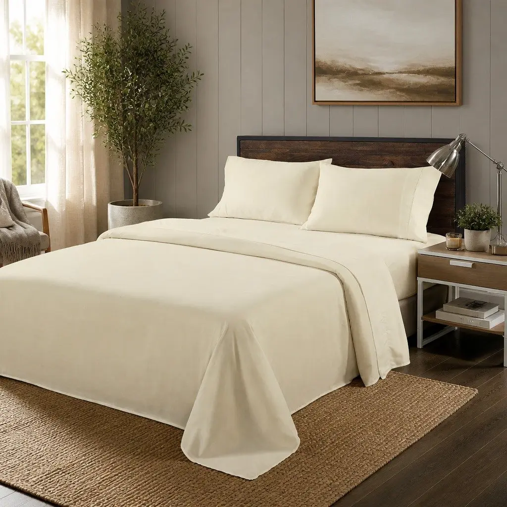 Double Bed Sheet Set Dark Ivory 1000TC Bamboo Blend Fitted Flat Pillowcases