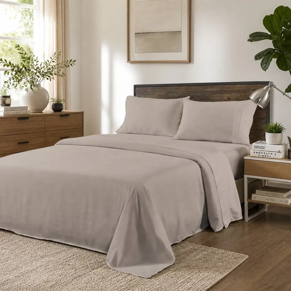 Double Bed Sheet Set Bamboo Blend Warm Grey 1000TC Soft Silken Breathable