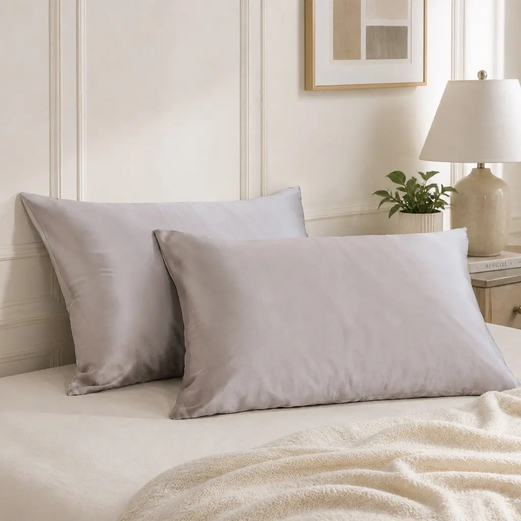Silk Pillowcase Hypoallergenic Twin Pack 51x76cm Silver Breathable Temperature Regulating Non Slip