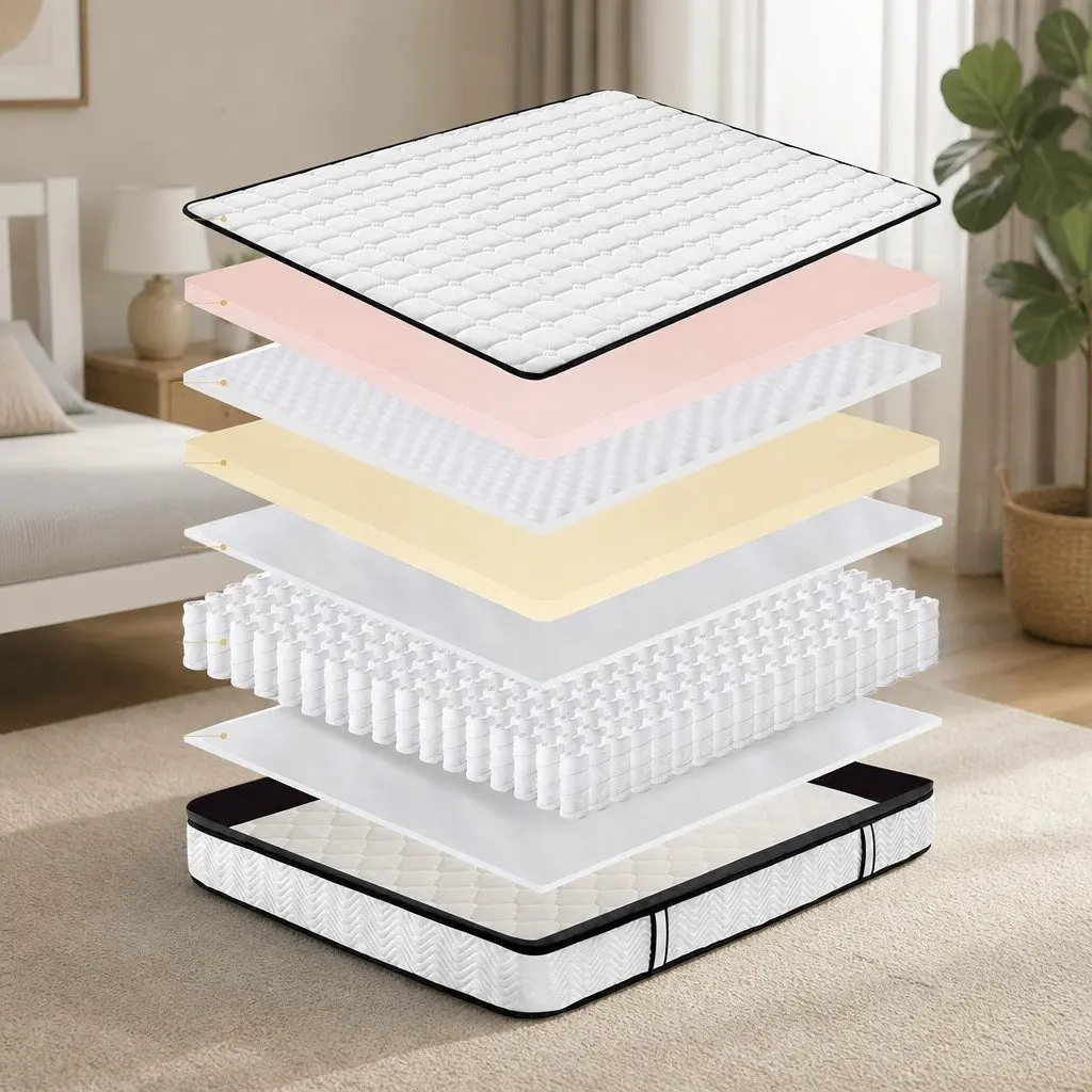 Pocket Spring Mattress Hybrid Foam Latex Single Size Medium-Firm 5-Zone Support White with Black Grey Trim
