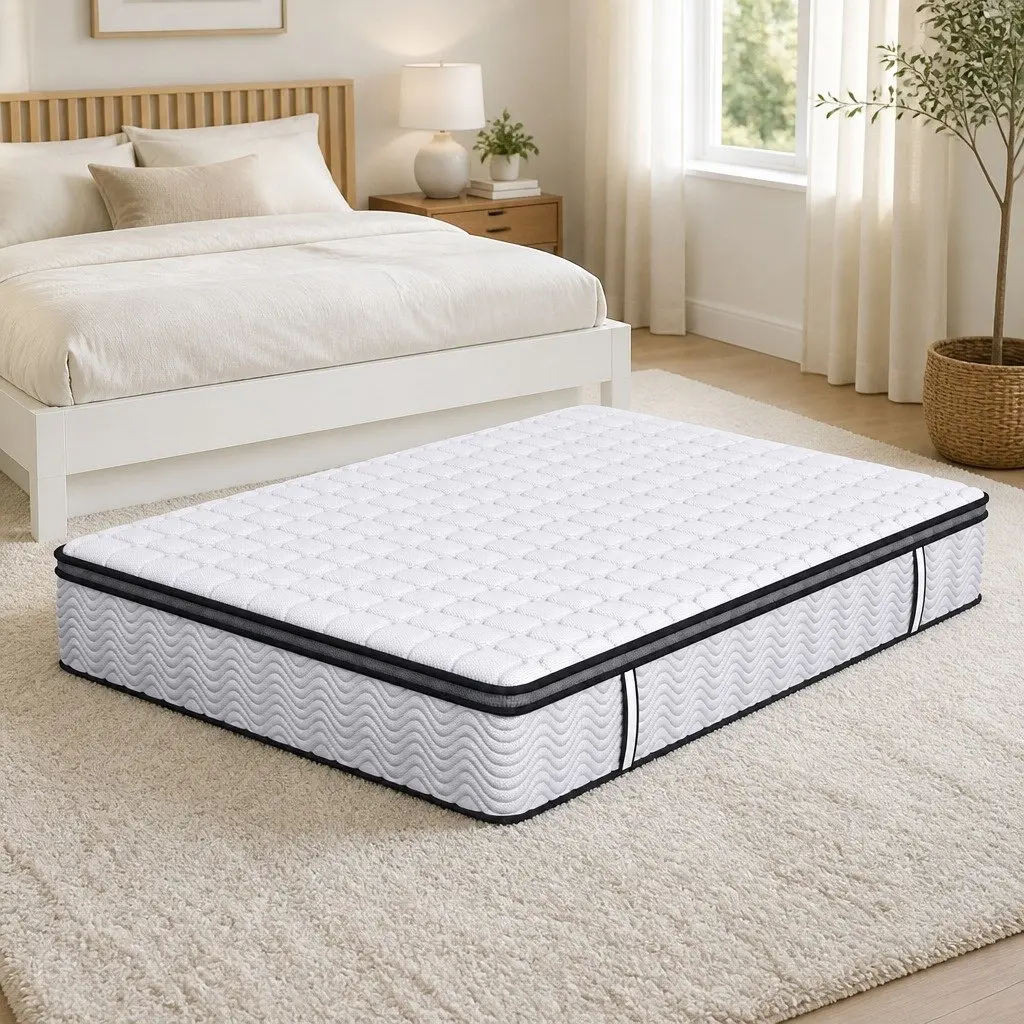 Pocket Spring Mattress Medium-Firm King Single 5-Zone Support Latex Foam White with Black Grey Trim
