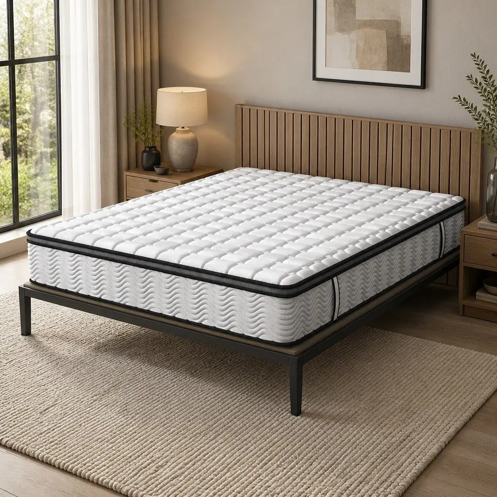 Pocket Spring Mattress Medium-Firm King Single 5-Zone Support Latex Foam White with Black Grey Trim