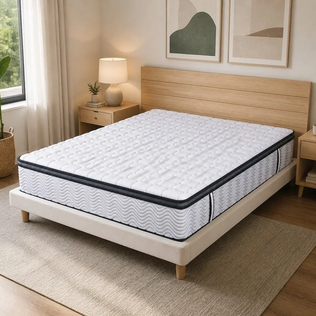 Pocket Spring Mattress Hybrid Foam Medium-Firm Queen Size 5-Zone Support White with Black Grey Trim