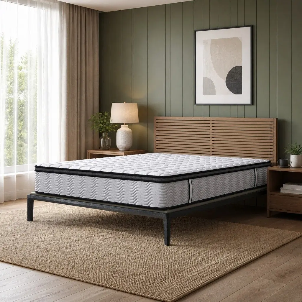 Pocket Spring Mattress Hybrid Foam Medium-Firm Queen Size 5-Zone Support White with Black Grey Trim