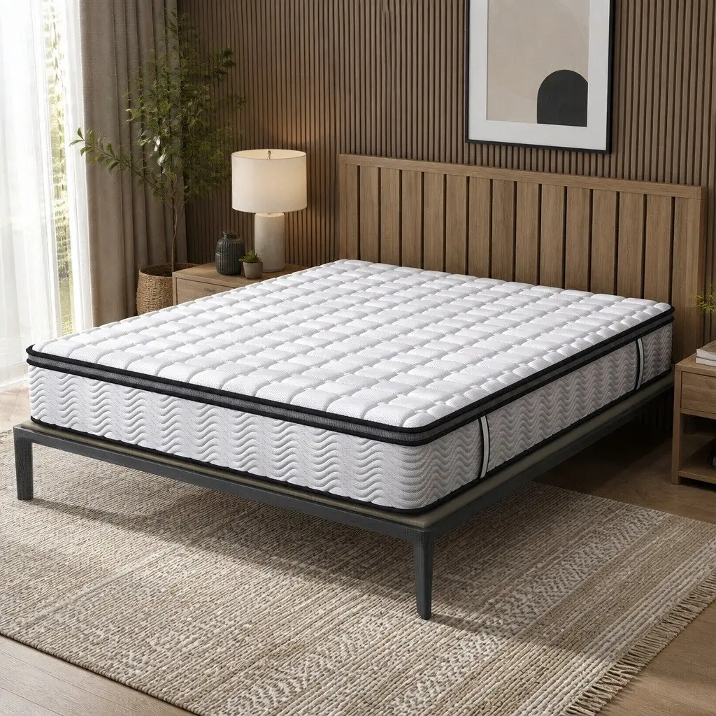 Pocket Spring Mattress Hybrid Foam Medium-Firm Queen Size 5-Zone Support White with Black Grey Trim