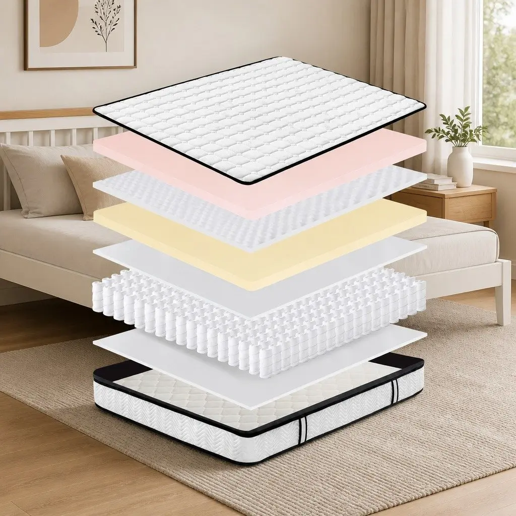 Pocket Spring Mattress Hybrid Foam Medium-Firm Queen Size 5-Zone Support White with Black Grey Trim