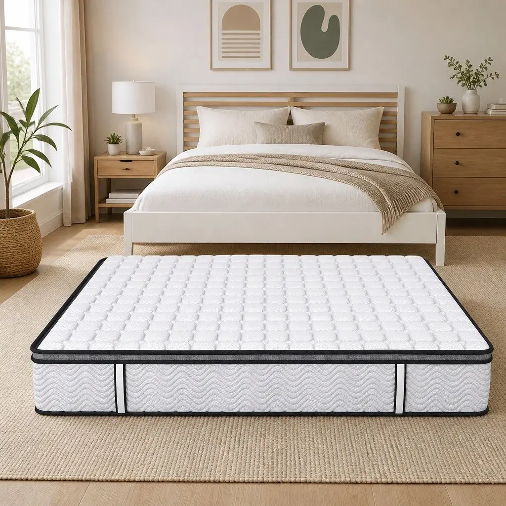 Pocket Spring Mattress Hybrid Foam Medium-Firm Queen Size 5-Zone Support White with Black Grey Trim