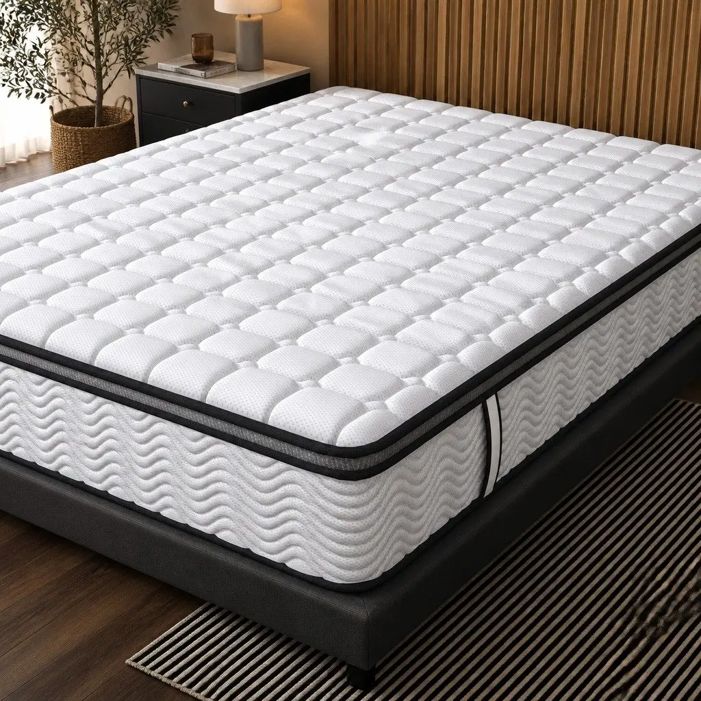Pocket Spring Mattress Hybrid Foam Medium-Firm Queen Size 5-Zone Support White with Black Grey Trim