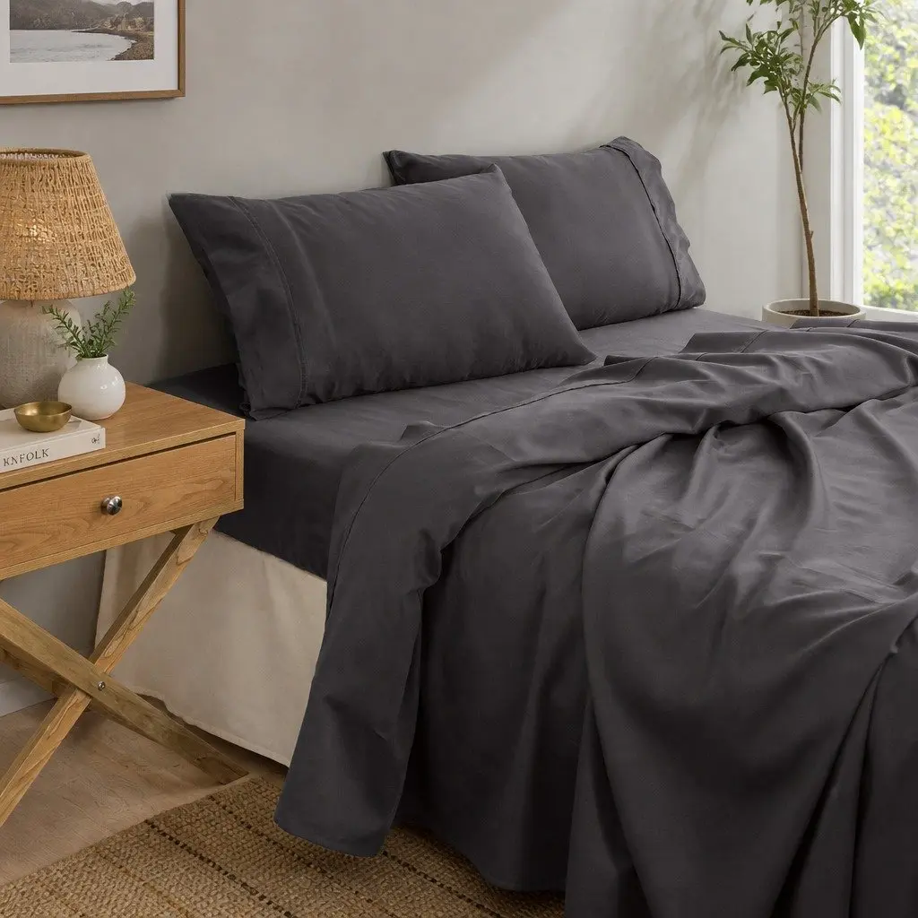 King Size Sheet Set Bamboo Cotton Blend Pewter 1000 Thread Count Flat Fitted Pillowcases