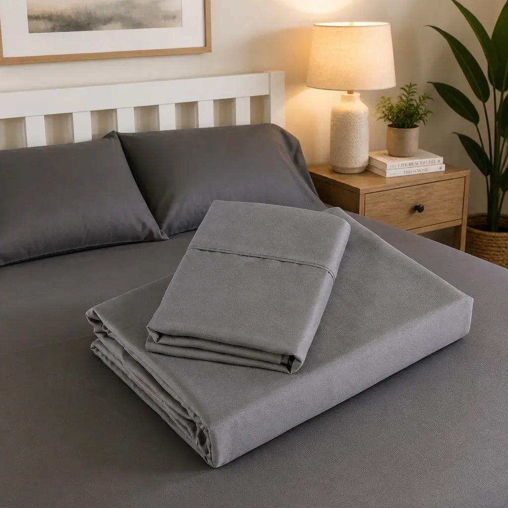 King Size Bedding Set UltraSoft Brushed Microfibre 1200TC Satin Weave Charcoal 4 Piece Fitted Flat Sheet Pillowcases
