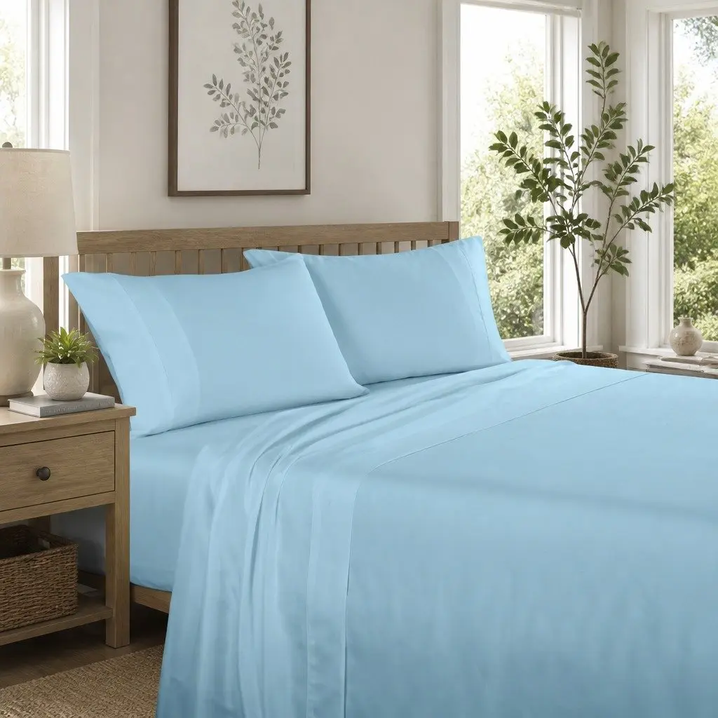 Sheet Set 4 Piece Bedding 1200TC Satin Weave Hypoallergenic Sky Blue Deep Pocket Fitted Flat Pillowcases