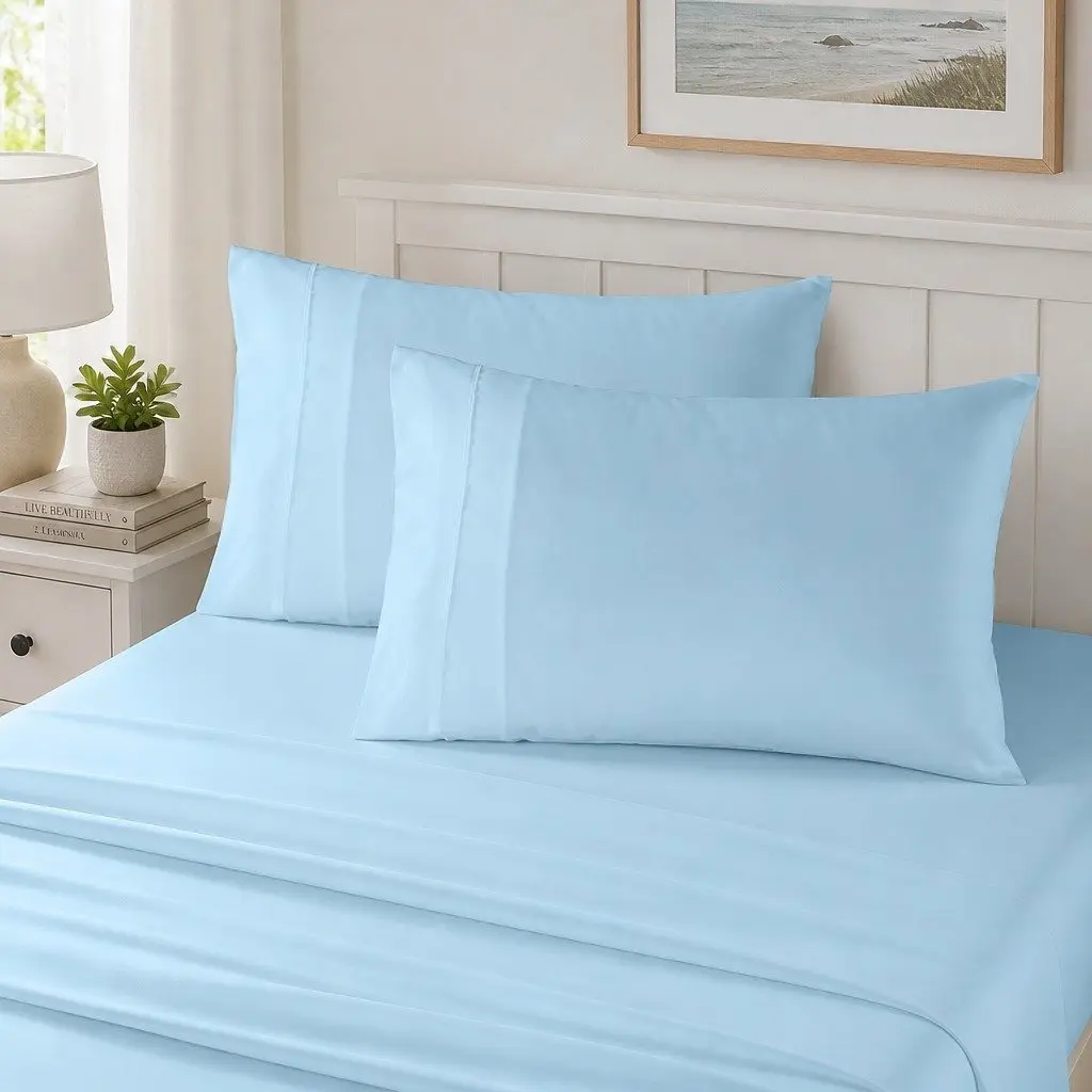 Sheet Set 4 Piece Bedding 1200TC Satin Weave Hypoallergenic Sky Blue Deep Pocket Fitted Flat Pillowcases