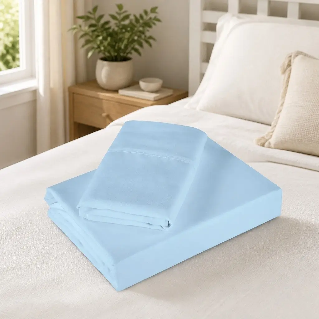 Sheet Set 4 Piece Bedding 1200TC Satin Weave Hypoallergenic Sky Blue Deep Pocket Fitted Flat Pillowcases
