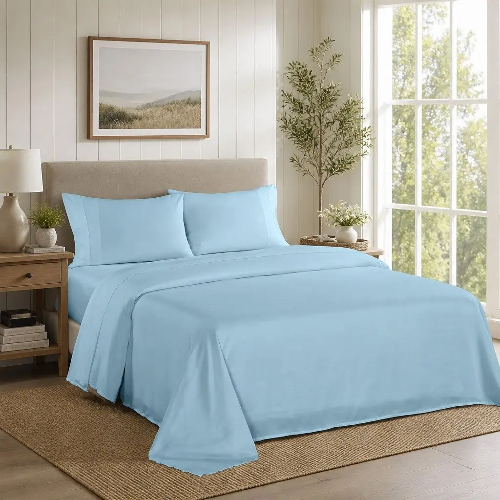 Sheet Set 4 Piece Bedding 1200TC Satin Weave Hypoallergenic Sky Blue Deep Pocket Fitted Flat Pillowcases