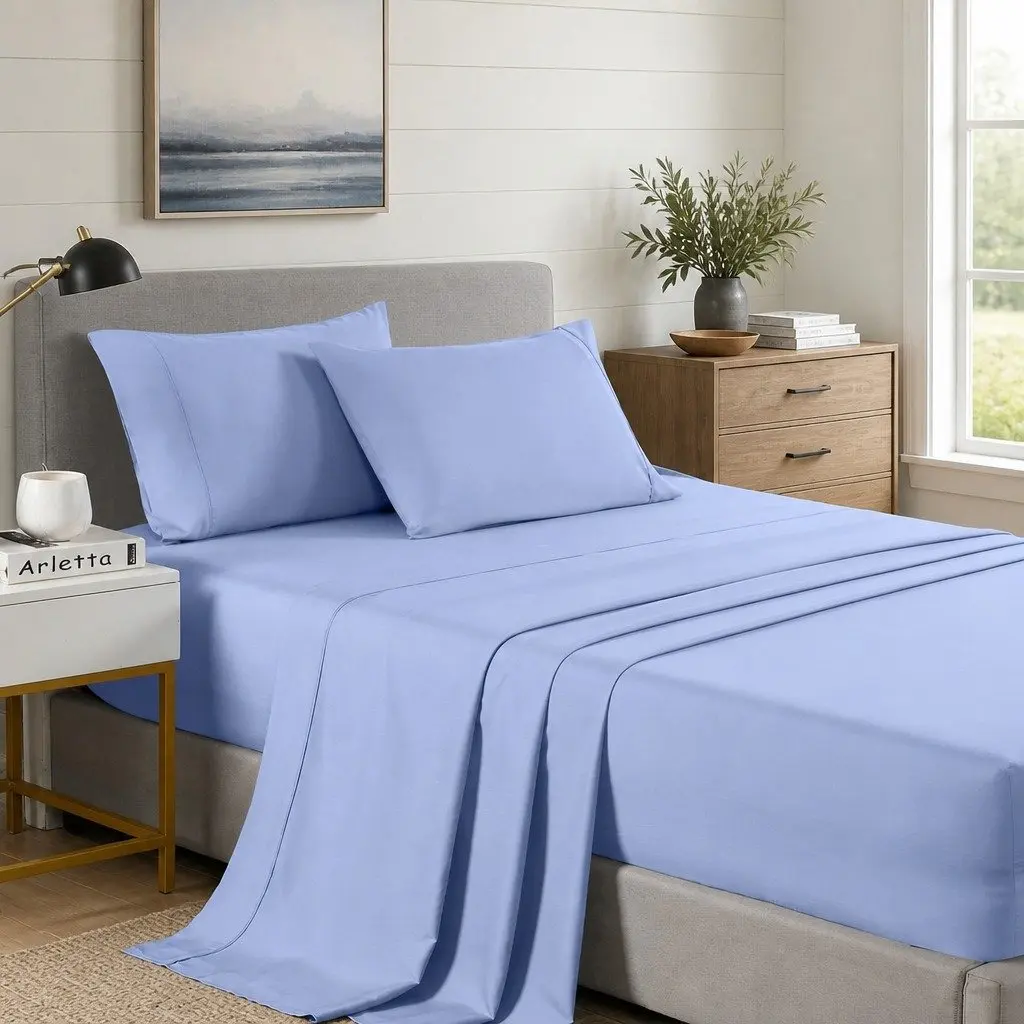 Bamboo Cooling Sheet Set 2000TC Single Bed Flat Fitted Pillowcases Light Blue
