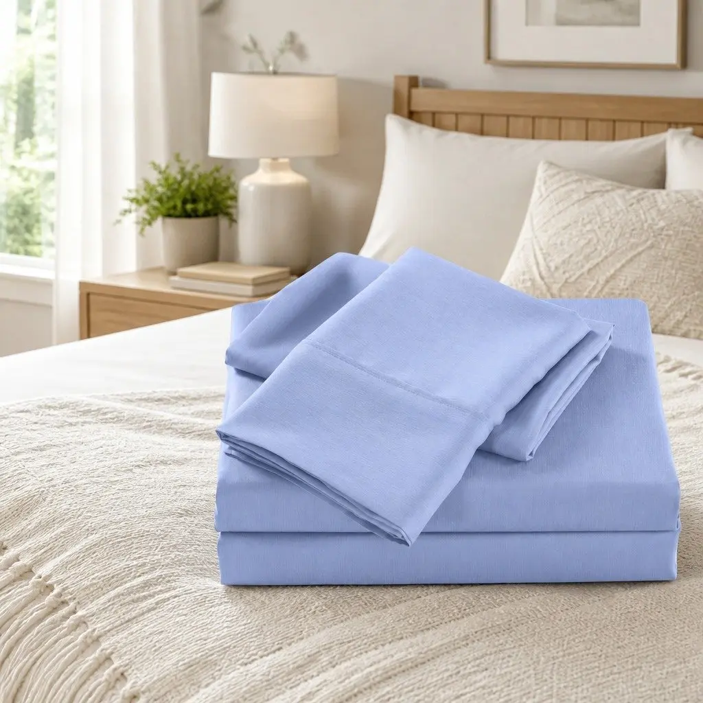 Bamboo Cooling Sheet Set 2000TC Single Bed Light Blue Flat Fitted Pillowcases