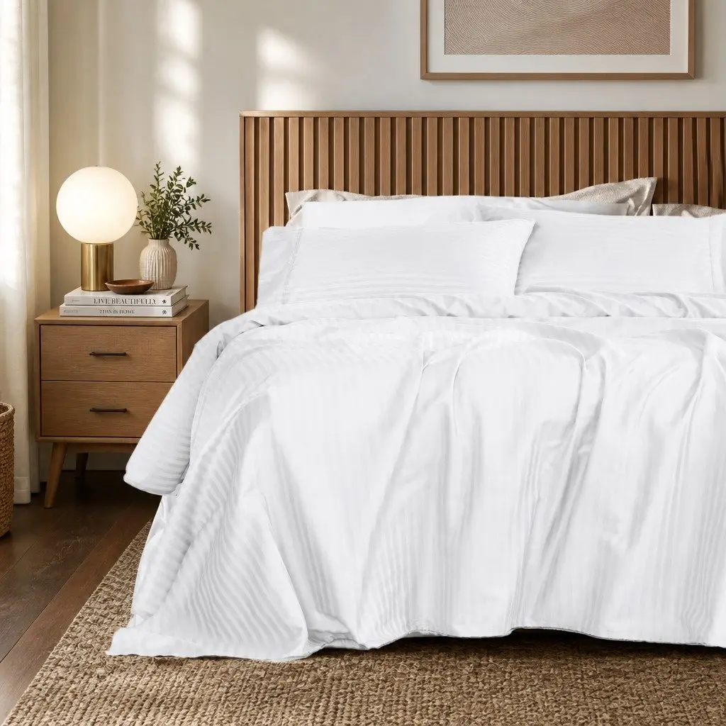Queen Sheet Set Cotton Blend 1200 Thread Count White Sateen Damask Stripe