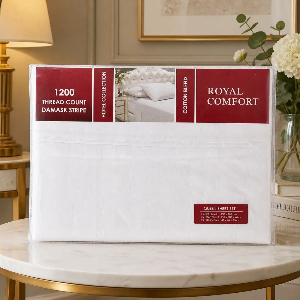 Queen Sheet Set Cotton Blend 1200 Thread Count White Sateen Damask Stripe