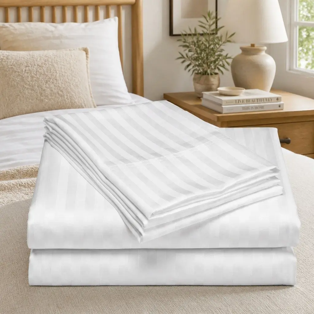Queen Sheet Set Cotton Blend 1200 Thread Count White Sateen Damask Stripe