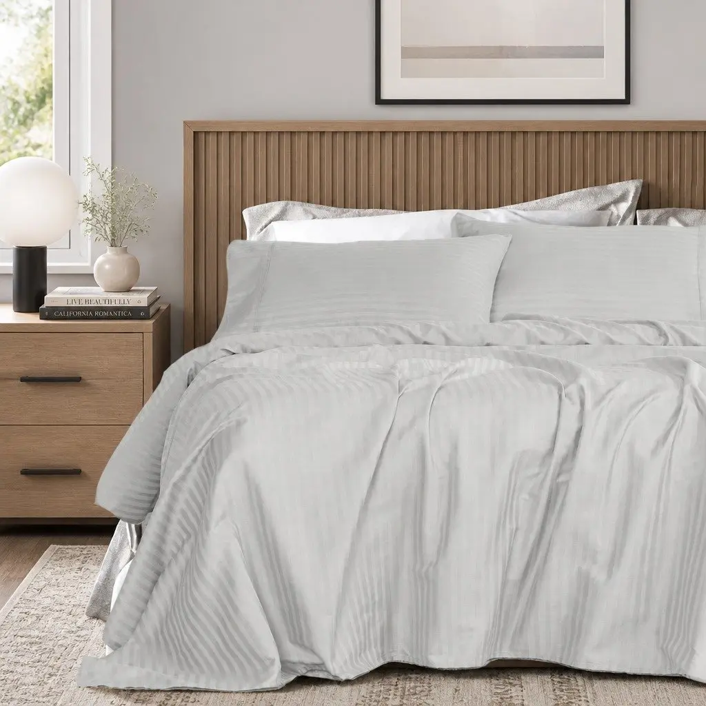 Sheet Set Queen Damask Stripe 1200 Thread Count Sateen Bed Sheets Pillowcases