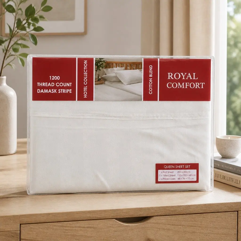 Sheet Set Queen Damask Stripe 1200 Thread Count Sateen Bed Sheets Pillowcases